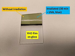 Figure 1. Photochromic effect of YHO thin film using UVA and blue light.